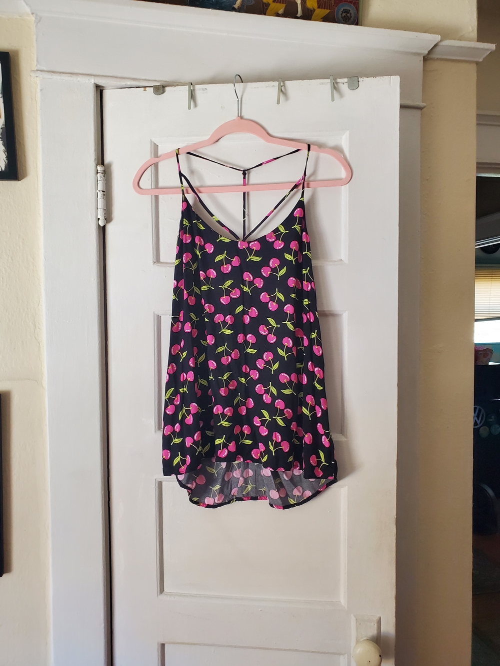 No Boundaries Black Tank Top with Pink Cherry Print